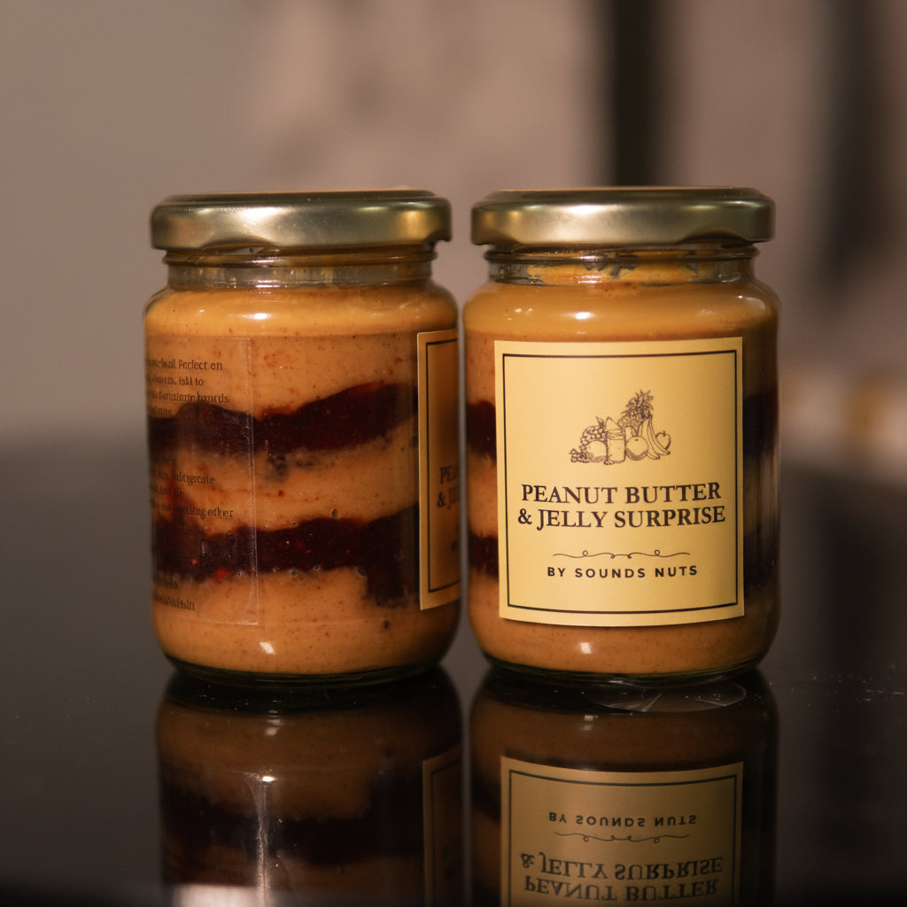 Two jars of 'Peanut Butter & Jelly Surprise' on a reflective surface with a blurred background.