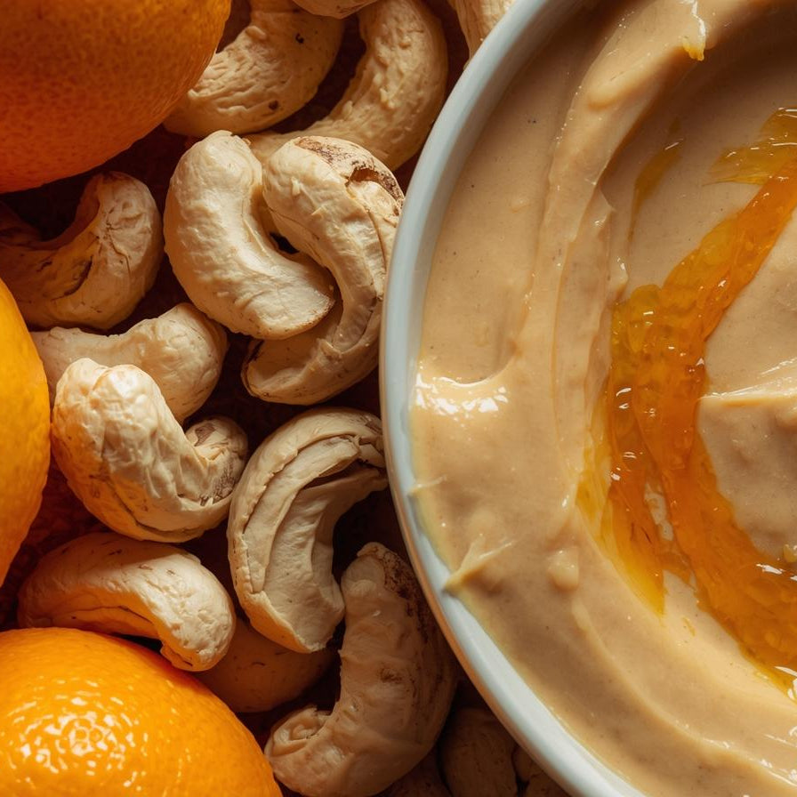 Dip with oranges and cashews on a white background