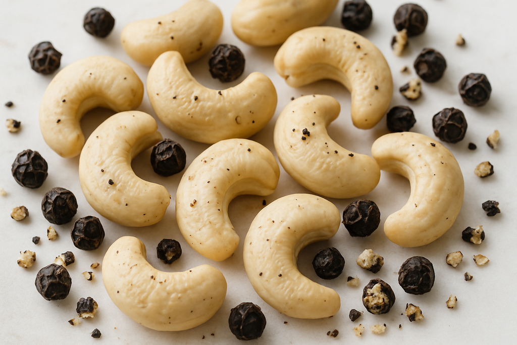 Cashew nuts with black peppercorns on a light background
