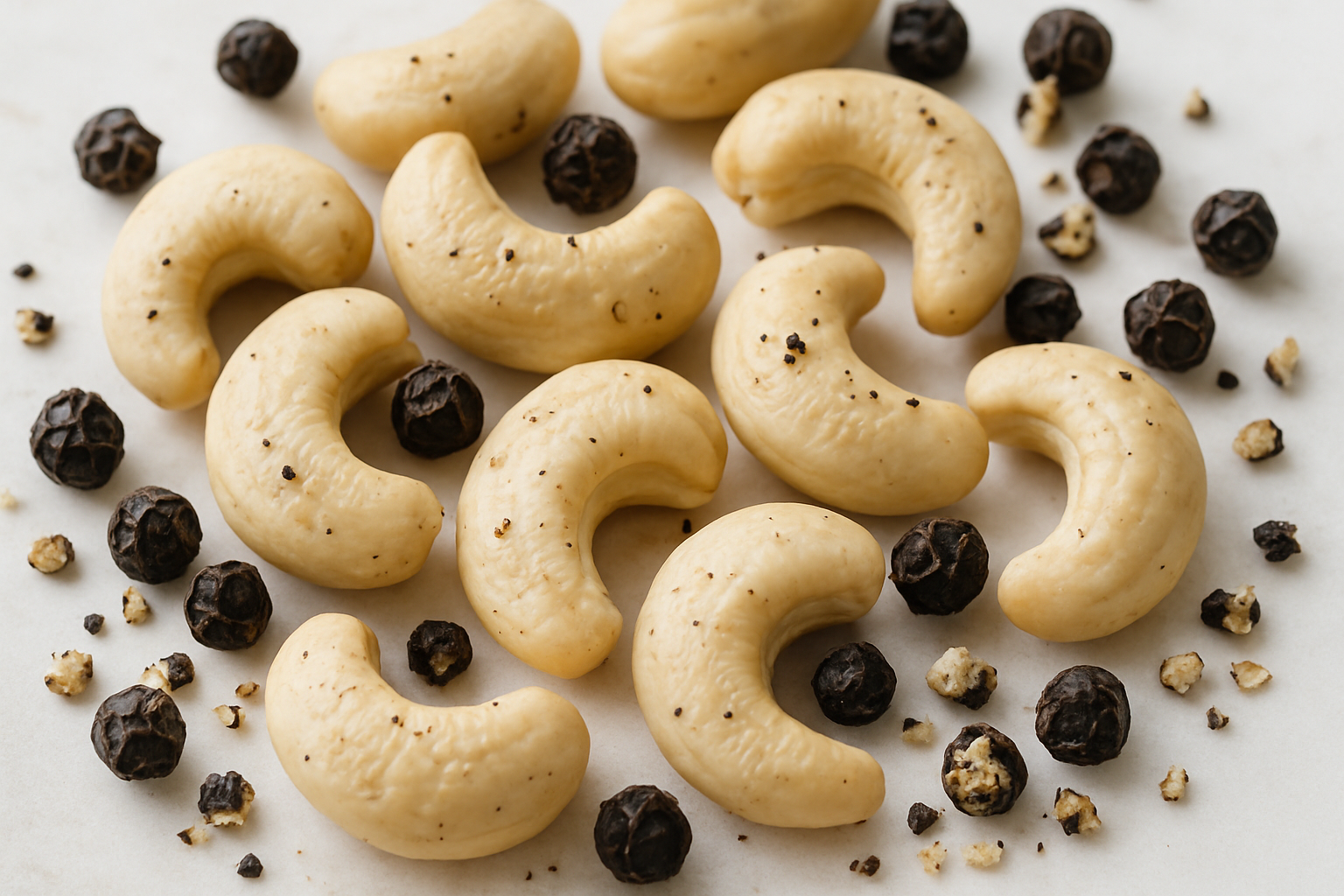 Cashew nuts with black peppercorns on a light background