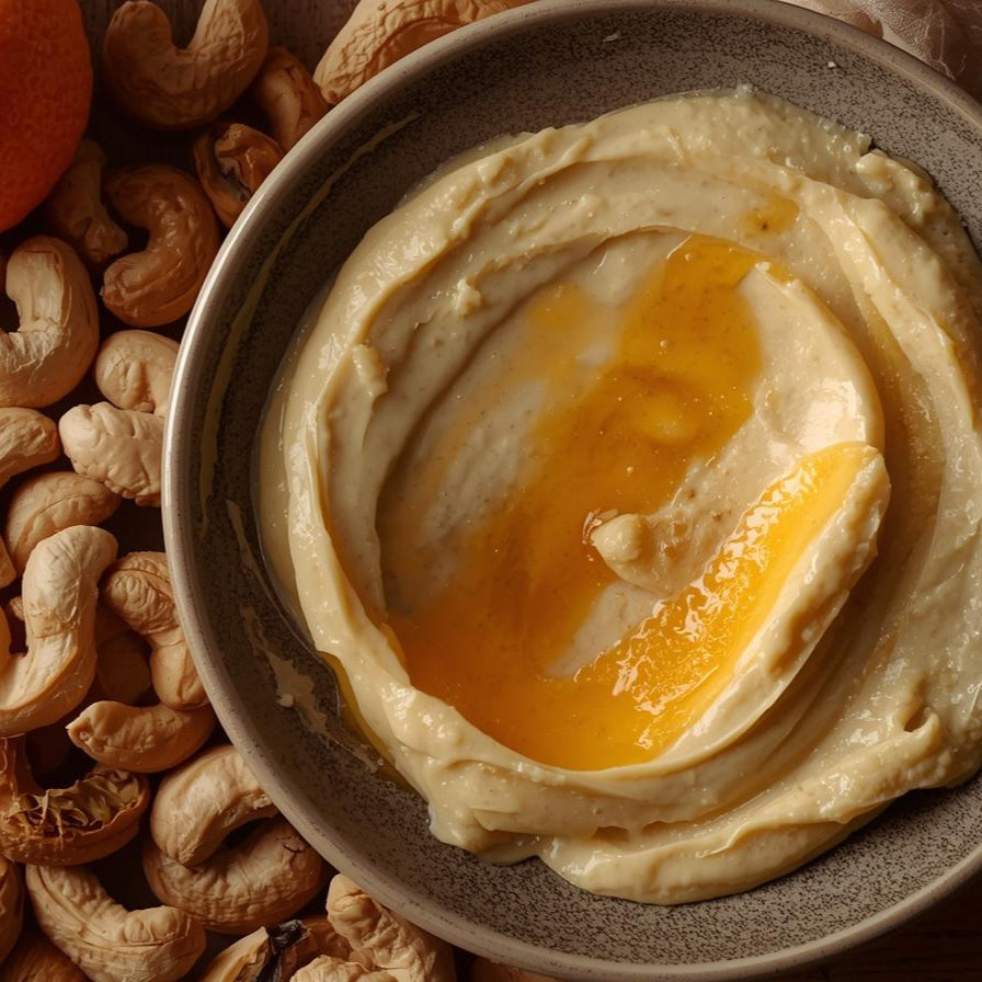 Nuts, oranges, and a bowl of orange cashew butter