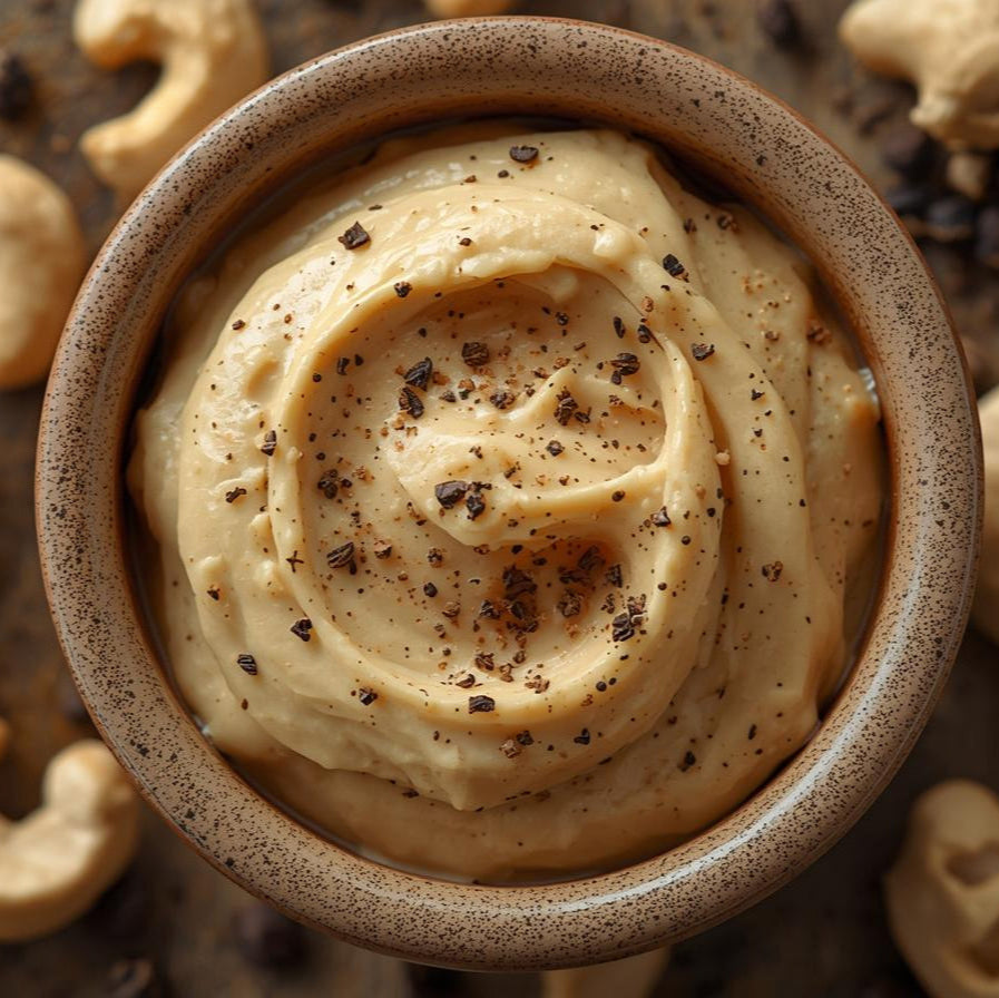 Creamy cashew butter in a wooden bowl with cashews and peppercorns on a rustic background