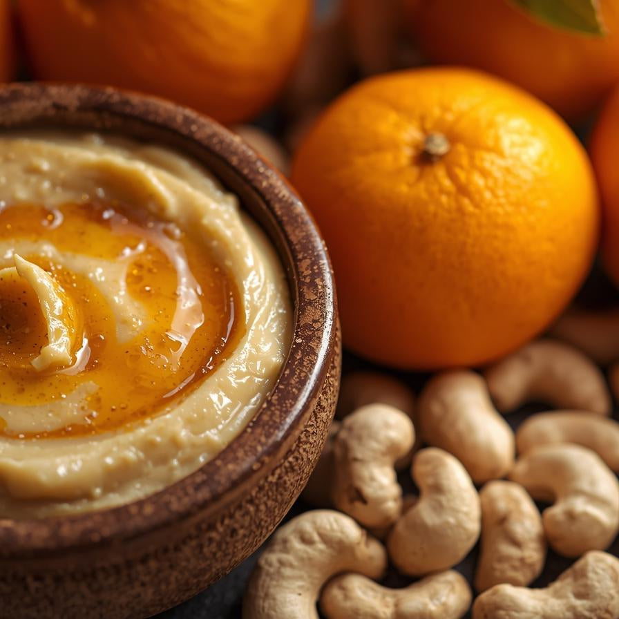 Dip in a wooden bowl with cashews and oranges on a dark surface